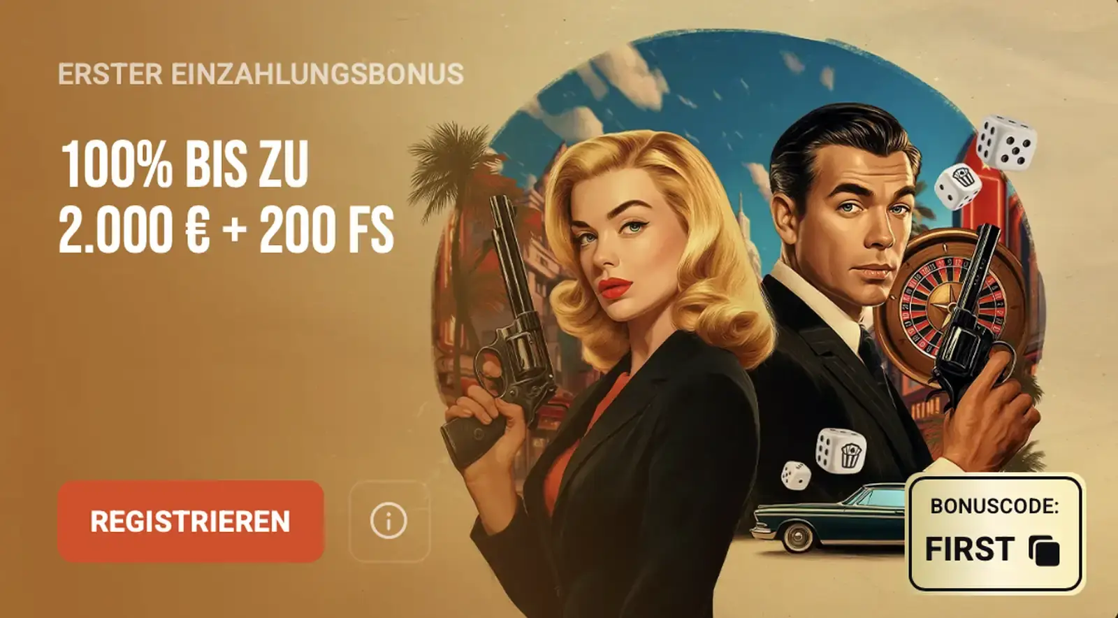 Hollywin Casino Willkommensbonus: 100 % bis zu 2.000 € plus 200 Freispiele mit dem Bonuscode FIRST